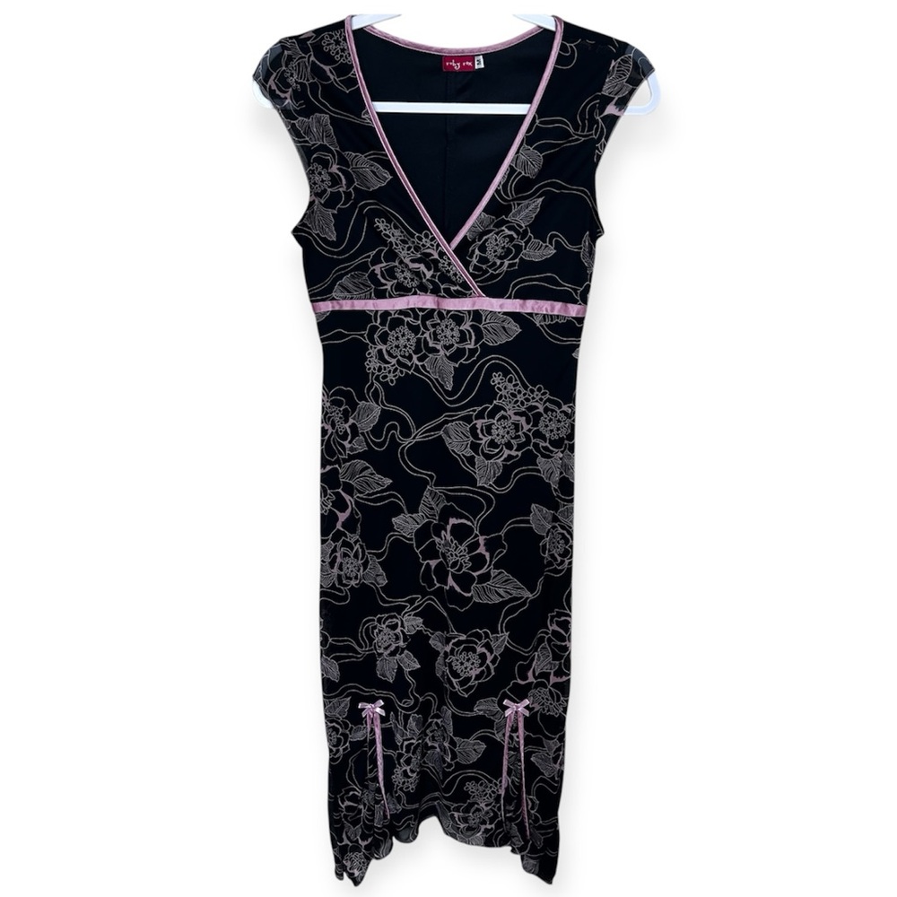 Ruby Rox Vintage Y2K Babydoll V-neck Midi Bow Black and Pink Floral Dress
